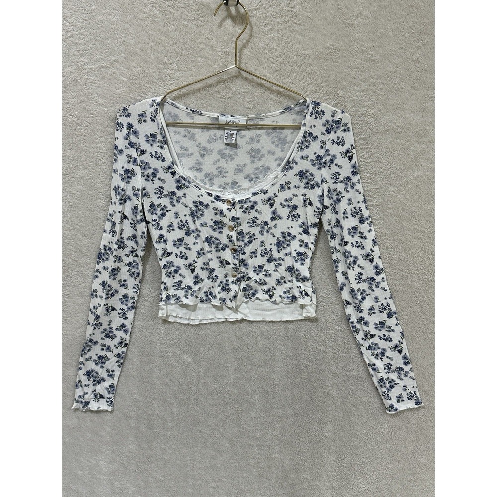 Just Polly New York Small Cropped White Thermal Hippie Boho Top Navy Flower